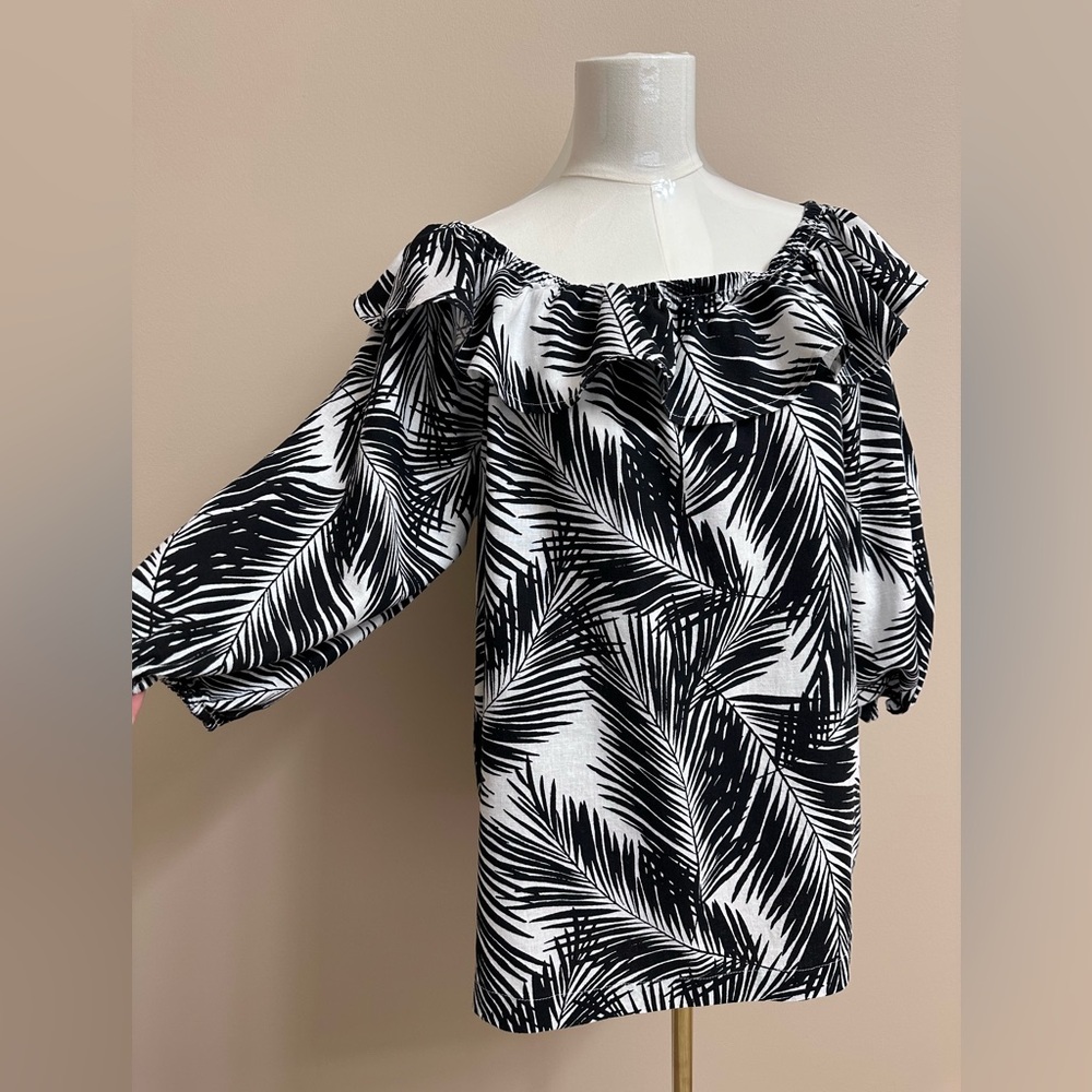 Black & White Palm Print Off-Shoulder Dress Size XL